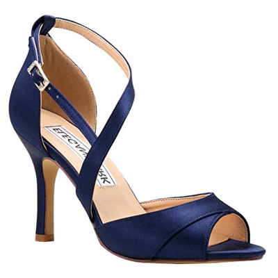 Duosheng & Elegant HP1821 Donna Peep Toe Tacchi a Spillo Sandali Eleganti Fibbia Cinghietti Satin Scarpe da Ballo per la Festa Nuziale Blu Marina EU 3