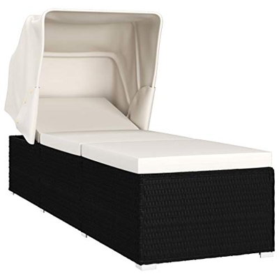 vidaXL Lettino Prendisole Regolabile con Tettuccio e Cuscino Foderato Sdraio Doppio Chaise Longue Telaio in Acciaio Bianco Crema in Polyrattan
