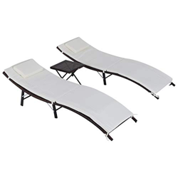 Outsunny Set 2 Sdraio Lettino e Tavolino con Cuscini Rimovibili Lavabili da Giardino Rattan Crema, Marrone en oferta