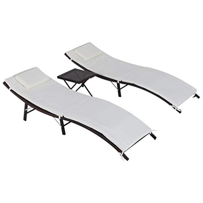 Outsunny Set 2 Sdraio Lettino e Tavolino con Cuscini Rimovibili Lavabili da Giardino Rattan Crema, Marrone
