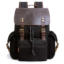 Arzopa Zaino di Tela Vintage in Vera Pelle per Computer Portatile da 15.6", Borsa per Scuola Impermeabile Viaggi Escursioni (Nero) en oferta