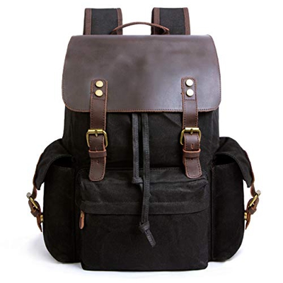 Arzopa Zaino di Tela Vintage in Vera Pelle per Computer Portatile da 15.6", Borsa per Scuola Impermeabile Viaggi Escursioni (Nero)