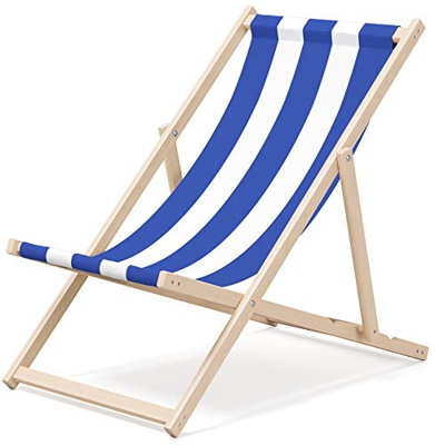 Novamat - Lettino da giardino pieghevole in legno, sedia a sdraio da spiaggia, sedia pieghevole (strisce – blu)