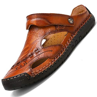 GURGER Sandali Uomo Pelle Estivi Punta Chiusa Sportivi Scarpe da Trekking Zoccoli Sabot Taglie 43 Marrone Giallo