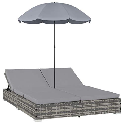 Tidyard Lettino Prendisole Matrimoniale Reclinabile in Polyrattan Grigio con Ombrellone,Lettino Prendisole Doppio,Lettino in Rattan,Lettino Prendisole