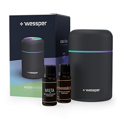 Wessper Mini umidificatore da scrivania, 2 oli essenziali inclusi, per auto, ufficio, camera da letto, ecc, spegnimento automatico, 2 modalità di nebb