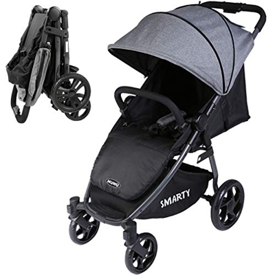 Bakaji Passeggino Smarty Richiudibile Chiusura a Libro Compatto e Leggero per Bambini Max 25kg Telaio in Alluminio Copertura in Tessuto Grigio con Sch