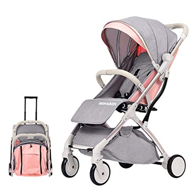 SONARIN Passeggino Leggero,Struttura Bianca, Passeggino Compatto,Pieghevole con una mano,imbragatura a cinque punti,ideale per aeroplano,con accessori
