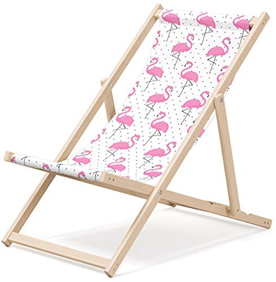 Novamat - Lettino da giardino pieghevole in legno, sedia a sdraio da spiaggia, sedia pieghevole, motivo: fenicotteri rosa