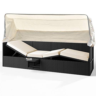 Deuba Divano Lounge in Polyrattan Tettuccio parasole pieghevole 3 Cuscini + Imbottiture spesse 7cm Schienale inclinabile Resistente ai raggi UV Sdraio