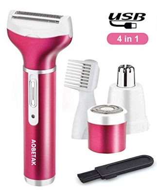 Rasoio Elettrico Donna, AOBETAK USB Ricaricabile 4 in 1 Bikini Ladyshaver, Wet and Dry Epilatori, Intimo Rifinitore per Ascelle Braccia Gambe Sopracci