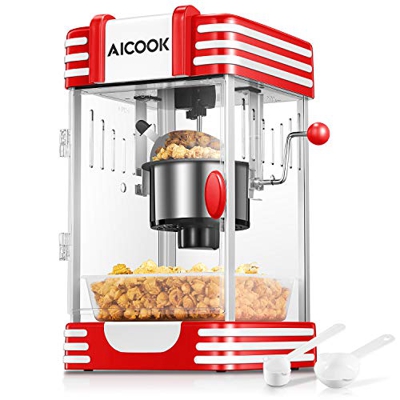 Macchina Popcorn, AICOOK Burro Caldo Macchina per Popcorn con Luce Retrò, Rivestimento Antiaderente, Sistema di Miscelazione, Vasso per Popcorn, Adatt