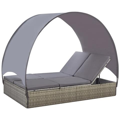 Lettino Prendisole Doppio Con Baldacchino In Polyrattan Grigio