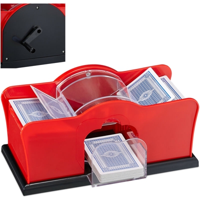 Relaxdays Mescolatore Manuale, 2 Mazzi, con Manovella, Sistema a Mano Carte da Gioco fino a 91 mm, Plastica, Rosso/Nero