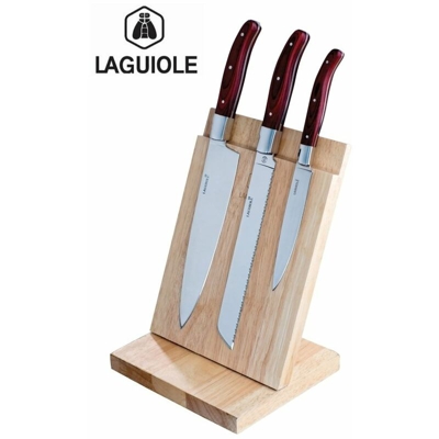 Coltelli/Coltello da cucina professionali in acciaio inox set 3 pezzi su supporto in legno calamitato - Laguiole