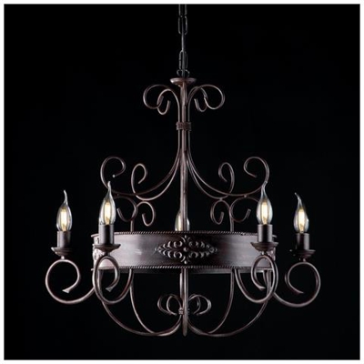 Lampadario In Ferro Laccato Nero Ruggine Con Decoro Decape 5 Luci Con Fregi