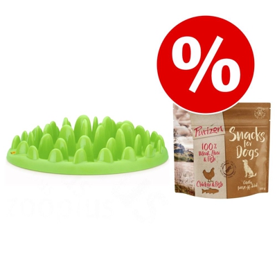 Set NORTHMATE® Green Slow Feeder Ciotola + Purizon Snack Pollo & Pesce - Ciotola L 40 x  P 30 x H 10 cm + Snack 100 g