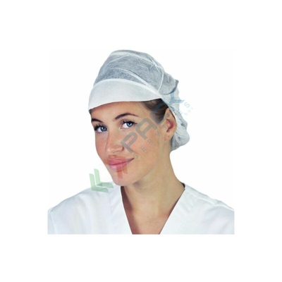 Cappellino monouso in TNT di polipropilene (PP), con visiera e retina, colore bianco, conf. 100 pz (Bianco)