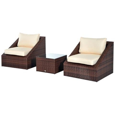 Set Mobili Da Giardino In Pe Rattan Con Tavolino E 2 Poltrone Con Cuscini, Marrone