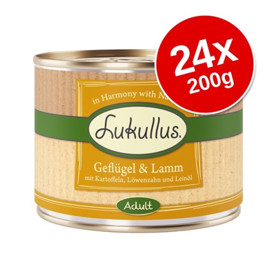 Set risparmio! Lukullus Adult 24 x 200 g - Mix 24 x 200 g (3 gusti): Pollame, Coniglio, Cuori Tacchino