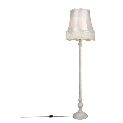 QAZQA Lampada da terra Classico - Retrò - Legno,Tessuto - Grigio/Crema - Tondo Max. 1 x Watt