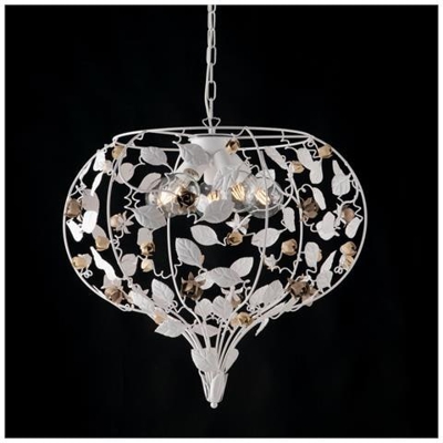 Lampadario Deco Shabby Bianco In Ferro Battuto Con Foglie 5 Luci Cm 68