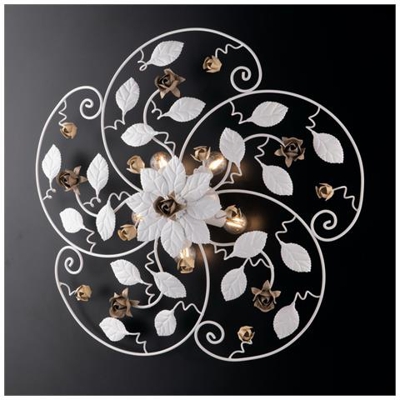 Plafoniera In Ferro Laccato Bianco Shabby 5 Luci E Rifiniture Avorio E Tortora