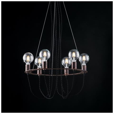 Sospensione In Ferro Laccato Nero Rame 6 Luci Con Fili In Tessuto