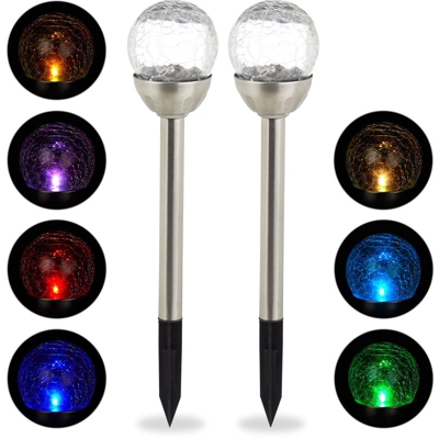 Set da 2 Luci Solari Sferiche da Giardino, Effetto Vetro Rotto, Impermeabili, Paletti Inclusi, Argento