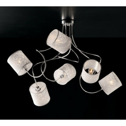 Plafoniera ferro cromato 6 luci con paralume bianco in pvc effetto damasco en oferta
