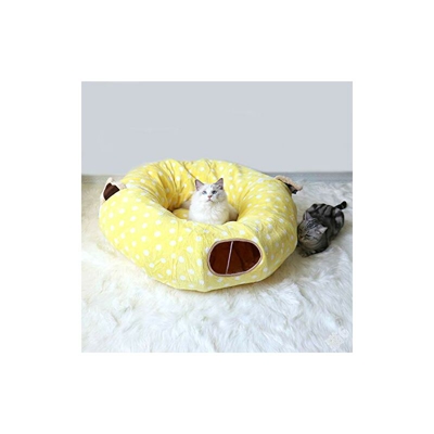 Tunnel - Cuscino per gatto, 2 in 1, rotondo, per gatto, extra morbido, confortevole e carino, tunnel per coniglio, pieghevole, colore: Giallo
