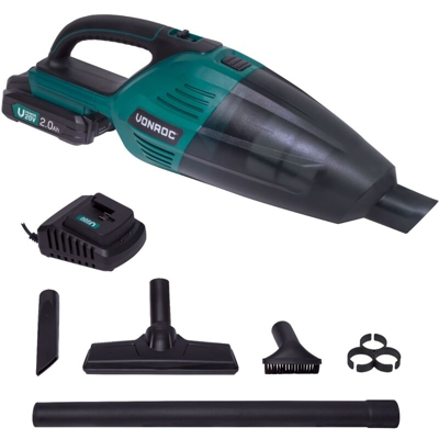 VONROC Aspirabriciole|aspiratore portatile a batteria VPower 20V. Include una batteria 2.0Ah, caricatore, contenitore da 0,5 litri, 3 ugelli ed