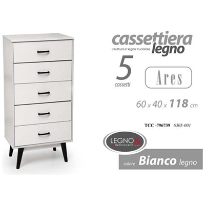 Cassettiera 5 Cassetti Bianca Da Camera Cm 60 X 40 X 118 H