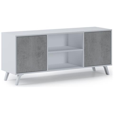Mobile Tv 140 A 2 Porte, Soggiorno, Modello Wind, Colore Struttura Bianco Opaco, Colore Porta Cemento, Misure 137x40x57cm Di Altezza.
