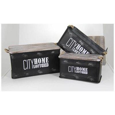 Bauli Contenitori In Latta Coperchio Legno Industrial City Home Pz 3