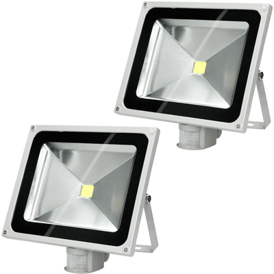 ECD Germany 2 x Faretto Proiettore LED 50W con Sensore di Movimento AC 220-240V 2585 Lumen Bianco Caldo 2800K Luce Faro da Esterno IP65 Impermeabile