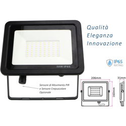 Ledlux - Faro Led Flood Light Slim 50W IP65 Bianco Neutro Carcassa Nera Sensore PIR Opzionale CL1918 precio
