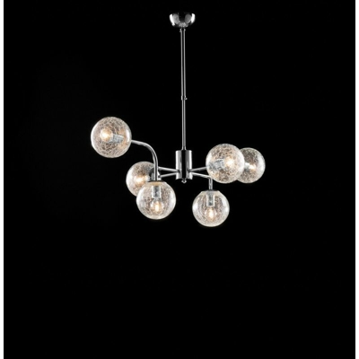 Bonetti - Lampadario in ferro cromo lucido 6 luci con sfere in vetro soffiato crackle trasparente