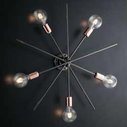 Plafoniera moderna industrial ferro cromo nero con rifiniture oro rosa características