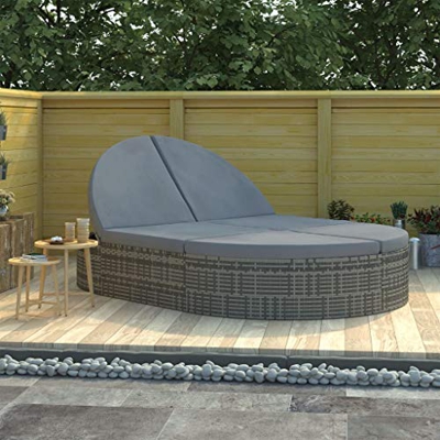 Tidyard Lettino Prendisole 2 Posti con Cuscini in Polyrattan Grigio, Lettini da Giardino, Sedie a Sdraio da Giardino, Lettino da Esterno 198 x 138 x 2
