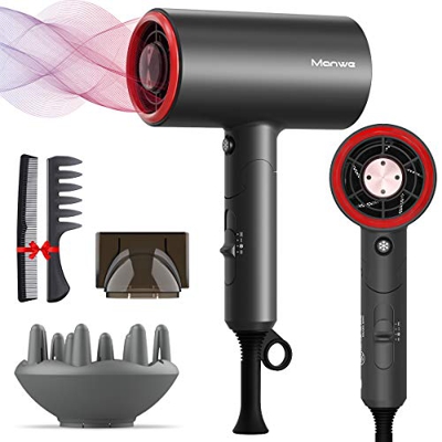 Asciugacapelli Professionale, Manwe Phon Ioni con Manico Pieghevole 1800 W, Asciugatura Veloce 3 Temperature/3 Velocità [1 Concentratore, 1 Diffusore 