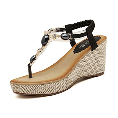 Donna Sandalo con Tacco Alto Infradito Zeppa Sandali con Perline Boemia Estate Scarpe Clip Toe Sandali Nero 37 EU