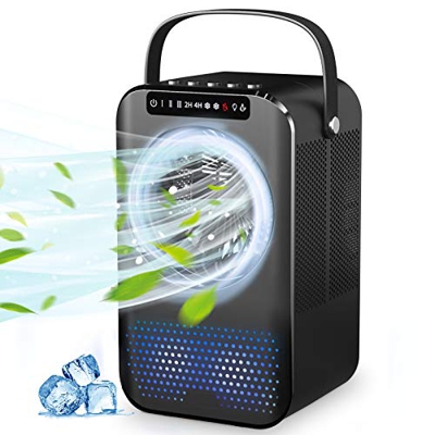 Raffreddatore d'aria Portatile 4 in 1, Condizionatore d'aria Personale Rinfrescatore d'aria, Ventilatore, Umidificatore, 7 LED Multicolore Luce, Timer