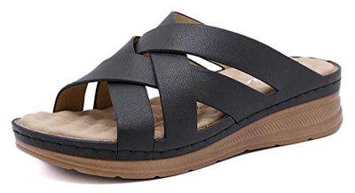 INMINPIN Sandali a Punta Aperta Donna Estivi Eleganti Sandali con Zeppa Comode Ciabatte in Pelle Piattaforma Estate Scarpe All'aperto,Nero,38 EU=39 CN