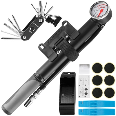 Set di accessori per biciclette (mini pompa con orologio + strumento 14 in uno * 1 + pezzo di riparazione pneumatici senza colla * 6 piede di porco *