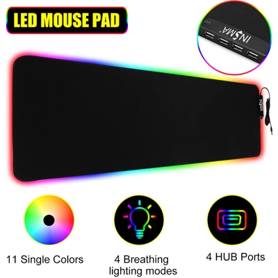 Tappetino per mouse da gioco LED RGB colorato illuminato con 4 porte HUB USB per PC - Insma