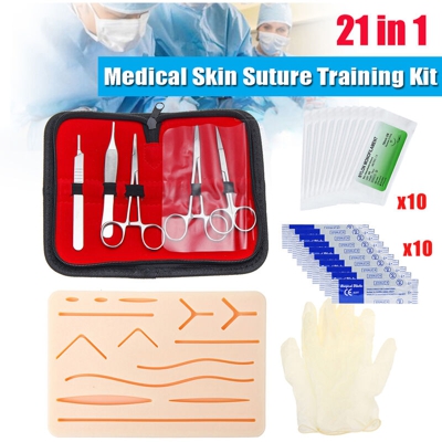 Kit di formazione per sutura chirurgica Modello di pratica per sutura della pelle Set di cuscinetti per allenamento Ago di sutura Forbici Pinzette
