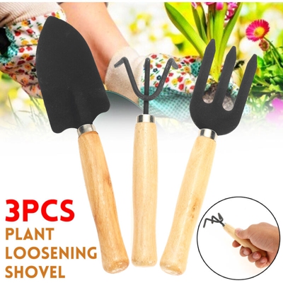 3 pezzi / set Mini attrezzi da giardino per piante Manico in legno Pala da giardinaggio Rastrello Pala e rastrello Pala