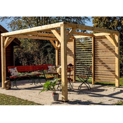 Habrita - Pergola gazebo foresta in legno lamellare, parete frangivista con veneziane mobili , dimensioni 339x360x217h - Foresta