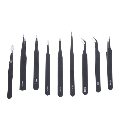 Drillpro - 9x set di pinzette di precisione in acciaio inossidabile antistatico per tutti gli usi + borsa LAVENTE